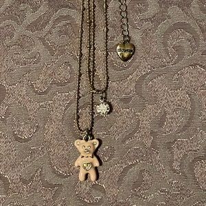 Betsy Johnson Pink Bear Double Chain Necklace With Single Rhinestone